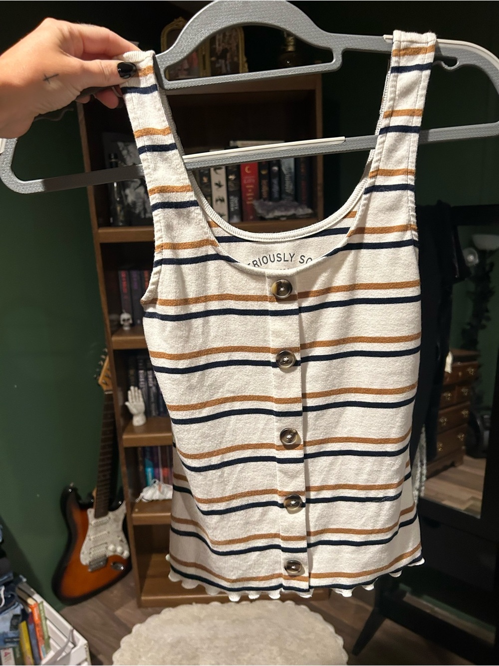 Aeropostale Cream Tank Top with Navy & Brown Stripes